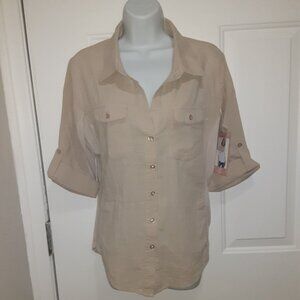 Simply Blessed * Khaki Tan Safari Linen-style Blouse * XL * NWT * Roll Sleeve *
